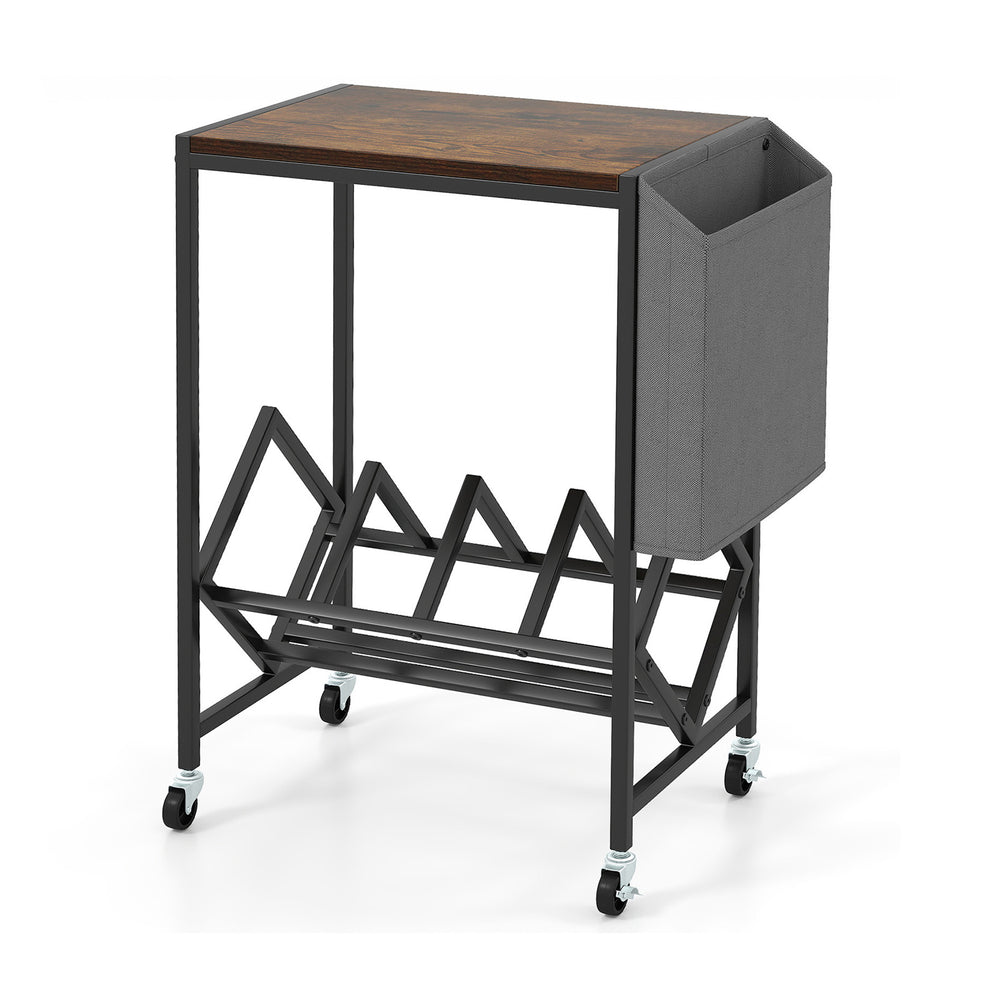 Rolling record player stand with rustic brown tabletop, vinyl storage, and magazine holder bag on a sturdy metal frame.