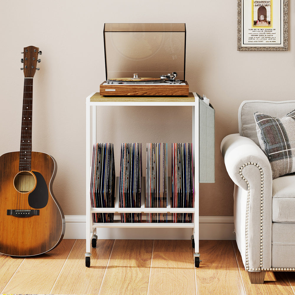 Rolling Record Player Stand 2-Tier with Vinyl Storage and Magazine Holder Bag-Natural - Gallery View 1 of 12
