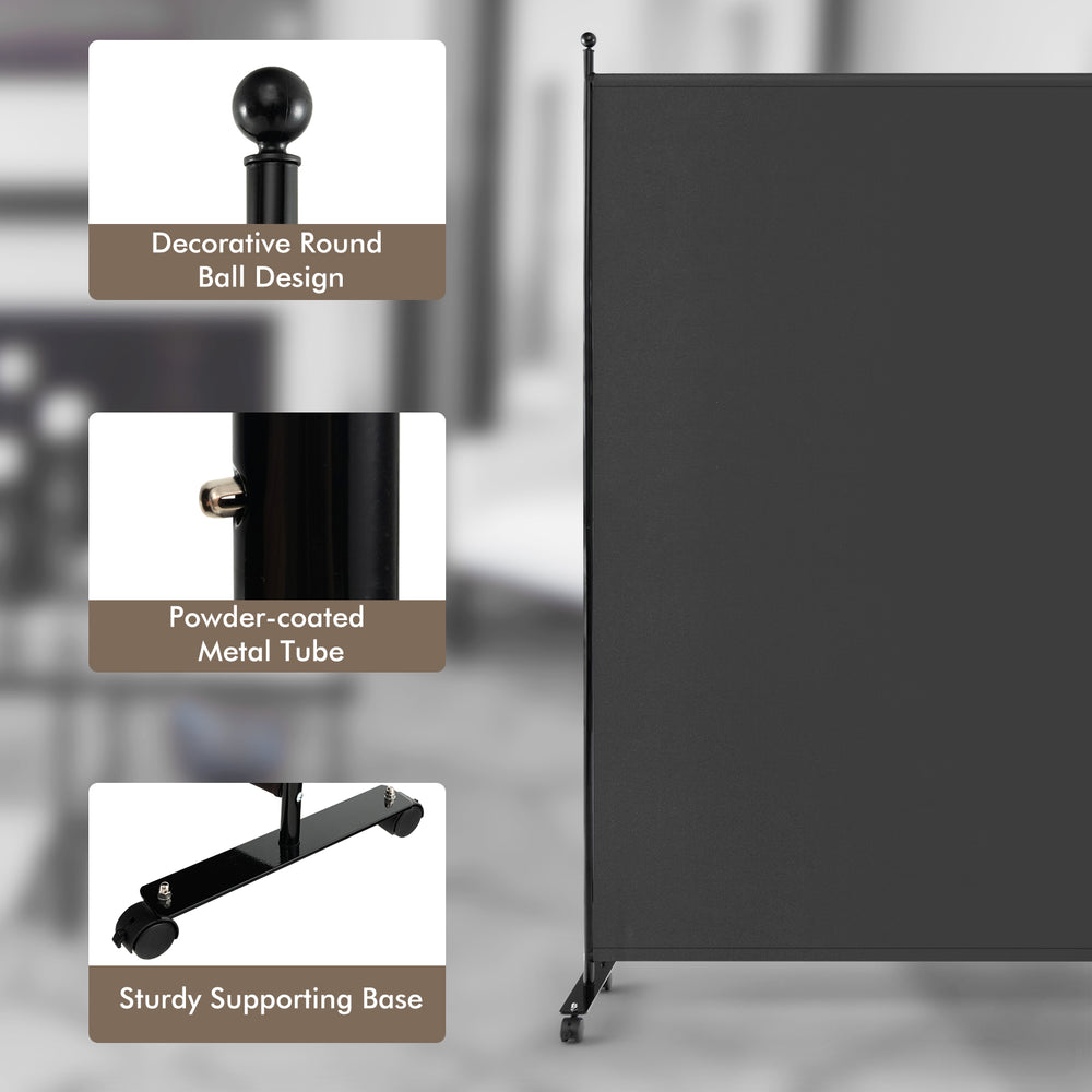 Dark gray 6 feet rolling room divider with sturdy metal base and smooth wheels for easy mobility in various indoor.