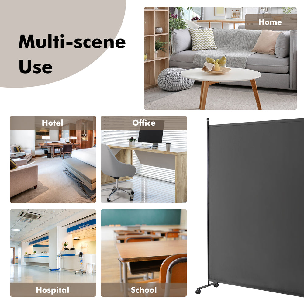 Dark gray 6 feet rolling room divider with smooth wheels, ideal for home, office, hospital, and school settings.