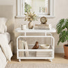 Narrow rolling side table showcases a stylish faux marble top and a metal mesh basket, ideal for bedside organization.