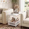 Narrow rolling side table with a faux marble top and raised baffle, designed for secure storage in tight spaces.