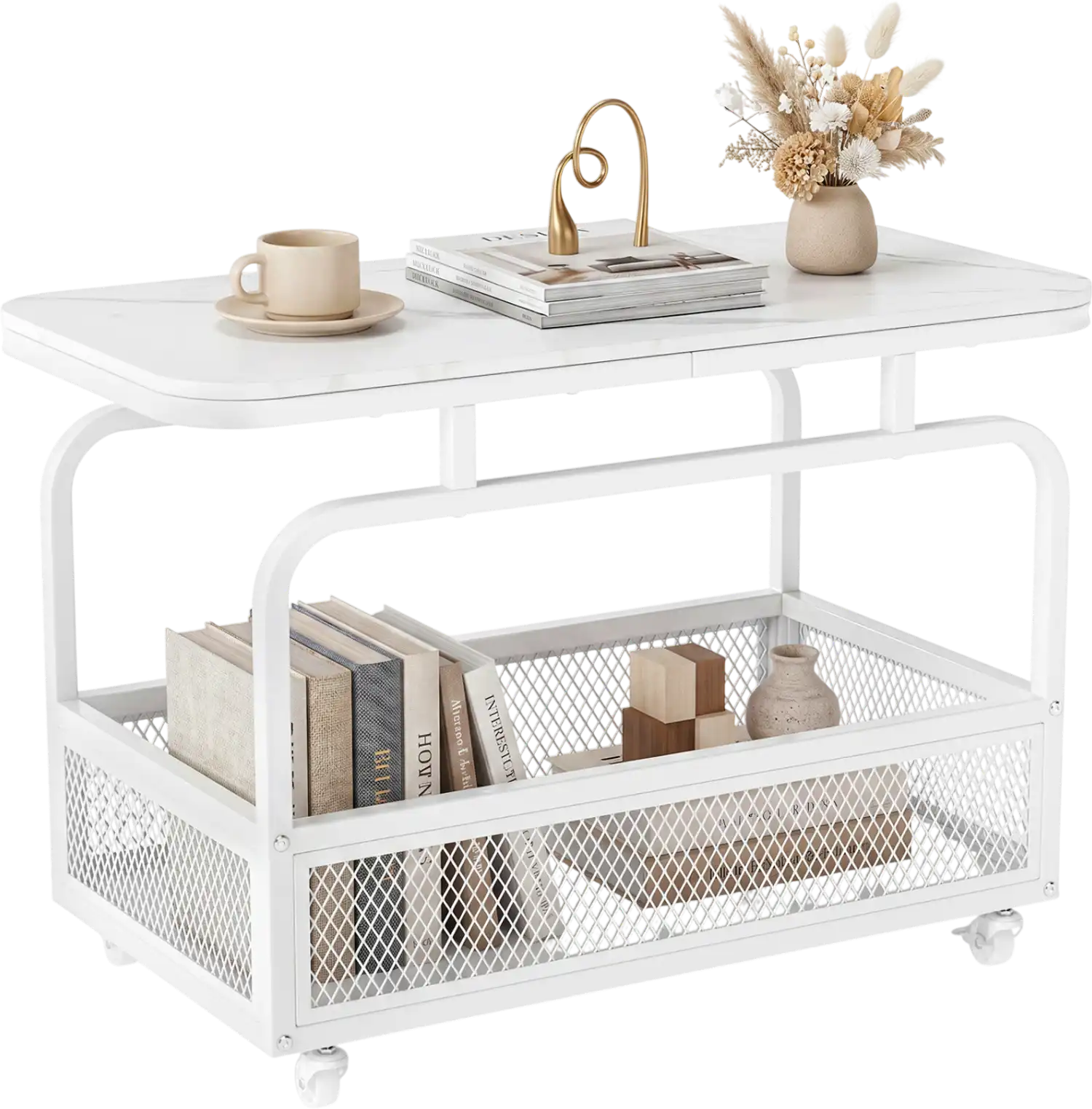 Costway Rolling 2-Tier Narrow Side End Table w/ Mesh Storage Basket 30060241 New