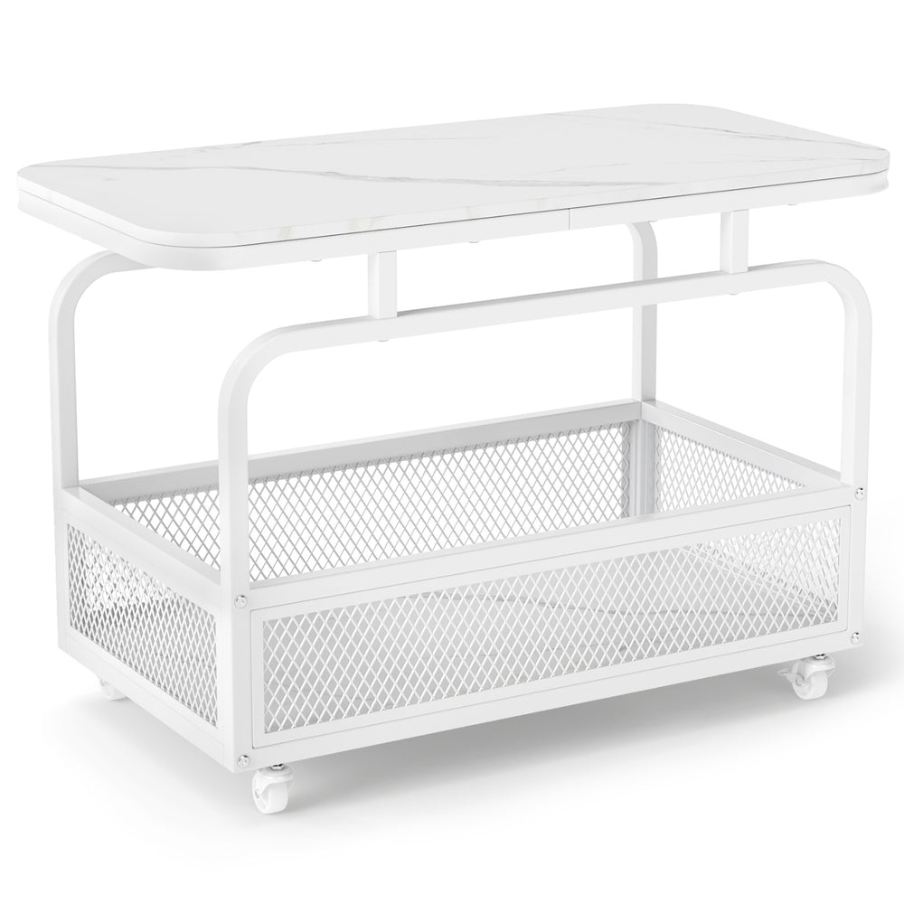 Rolling side table with a faux marble top and metal mesh storage basket, perfect for small spaces and easy repositioning.