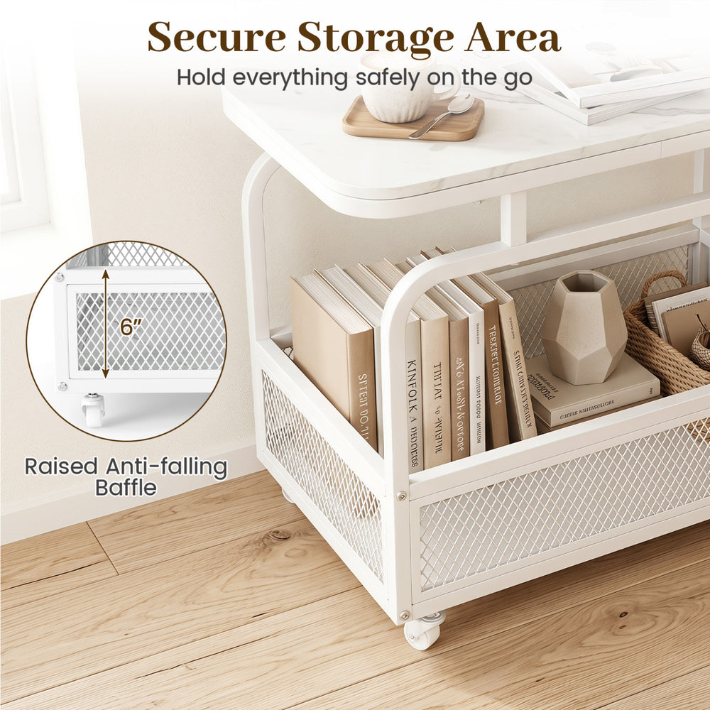 Rolling side table features a 31.5" faux marble top and a breathable metal mesh basket for secure storage.