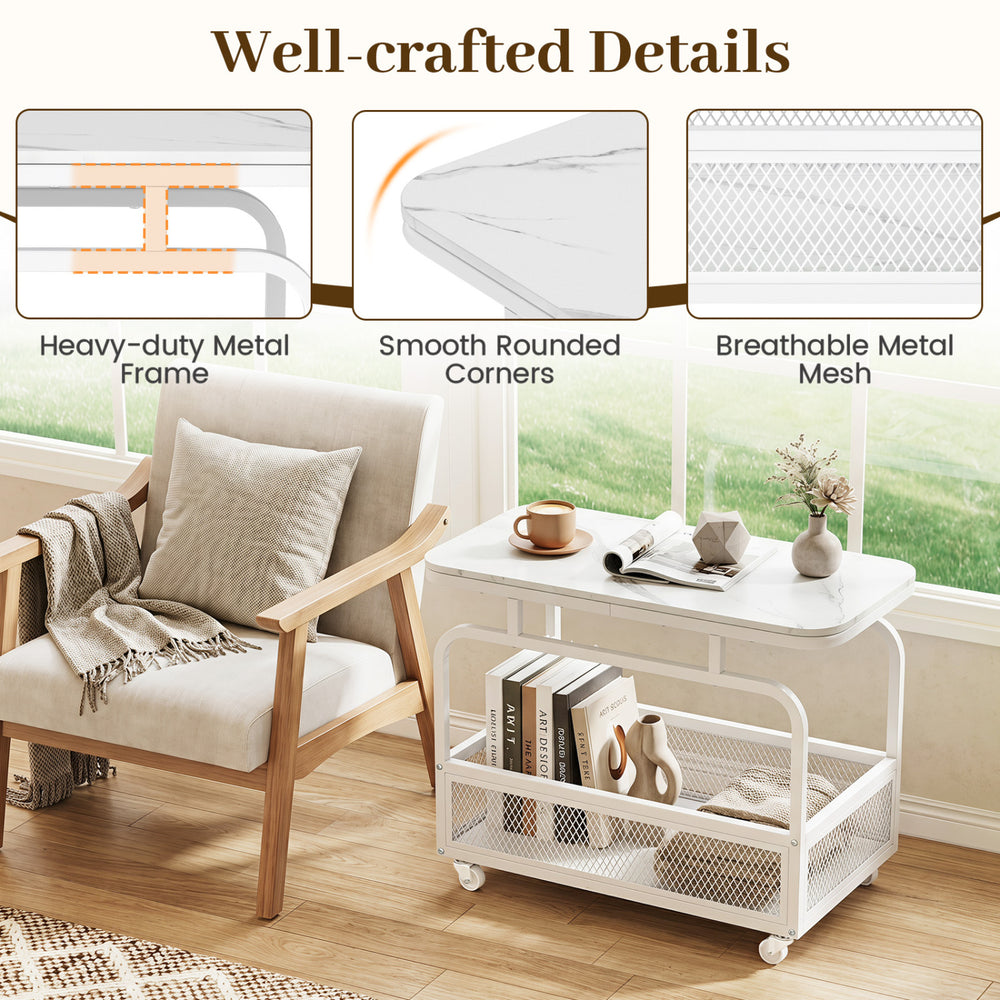 Rolling side table with a faux marble top, metal frame, and breathable mesh basket, perfect for small spaces.