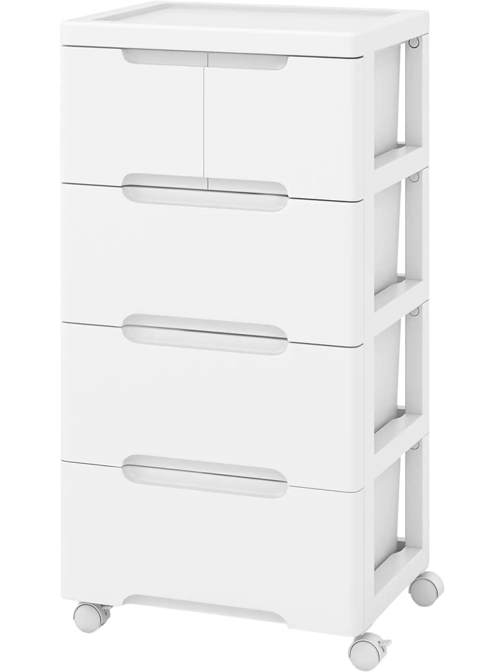 Rolling storage cabinet with 5 drawers, featuring a practical top surface for easy access and dual handles for.
