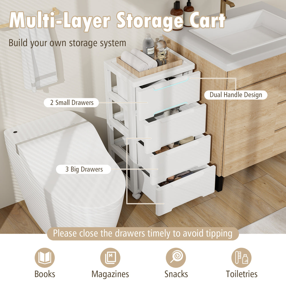 Multi-layer rolling storage cabinet with 5 drawers, dual handle design, and universal wheels for easy mobility.