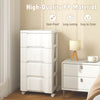 Rolling storage cabinet with 5 drawers in white PP material, featuring universal wheels for easy movement and access.
