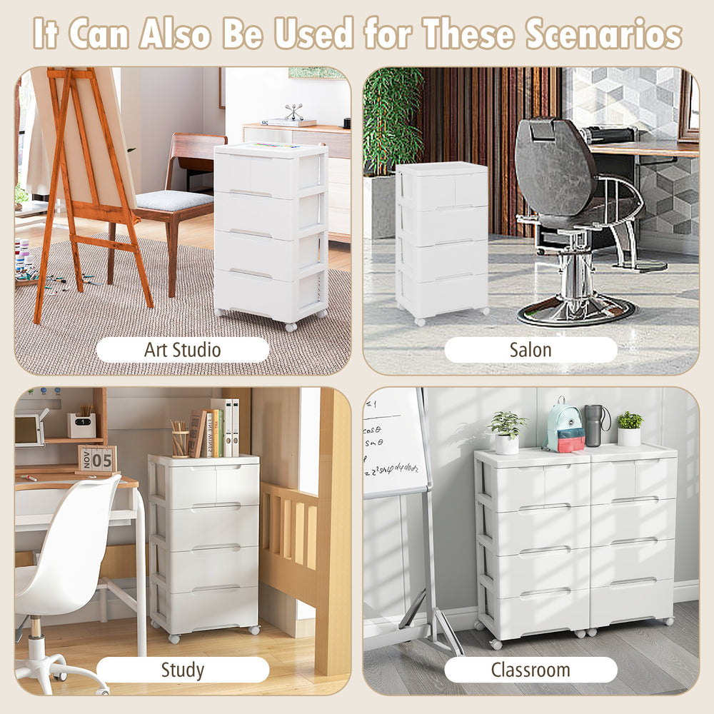 Rolling storage cabinet with 5 drawers, made of stain-proof PP material, ideal for art studios, salons, and classrooms.