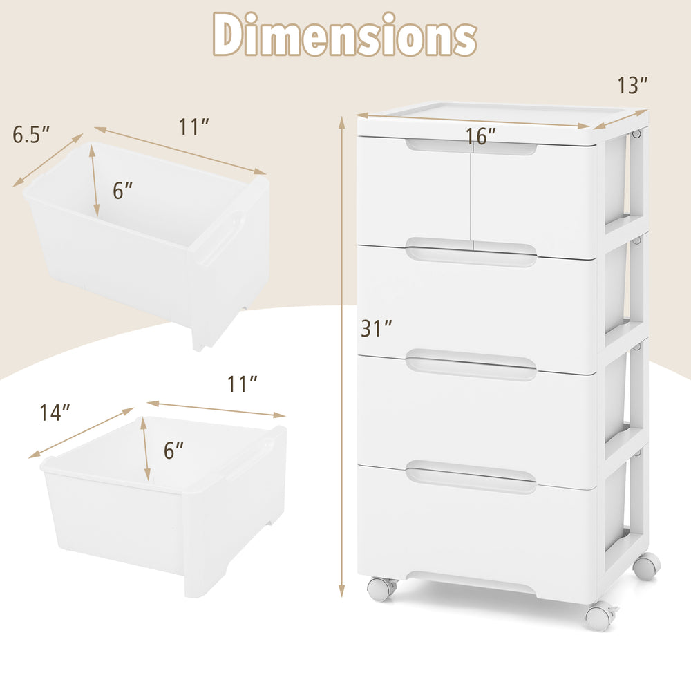 Rolling storage cabinet with 5 drawers, made of stain-proof PP material, featuring universal wheels for easy mobility.