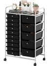15-drawer rolling storage cart with chrome-plated metal frame and black drawers, ideal for home or classroom.