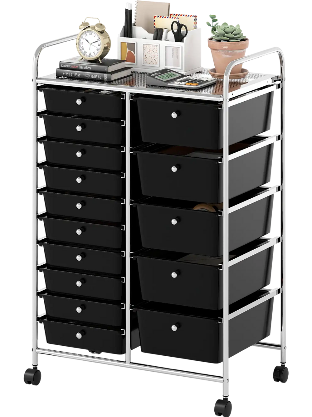 15-drawer rolling storage cart with chrome-plated metal frame and black drawers, ideal for home or classroom.