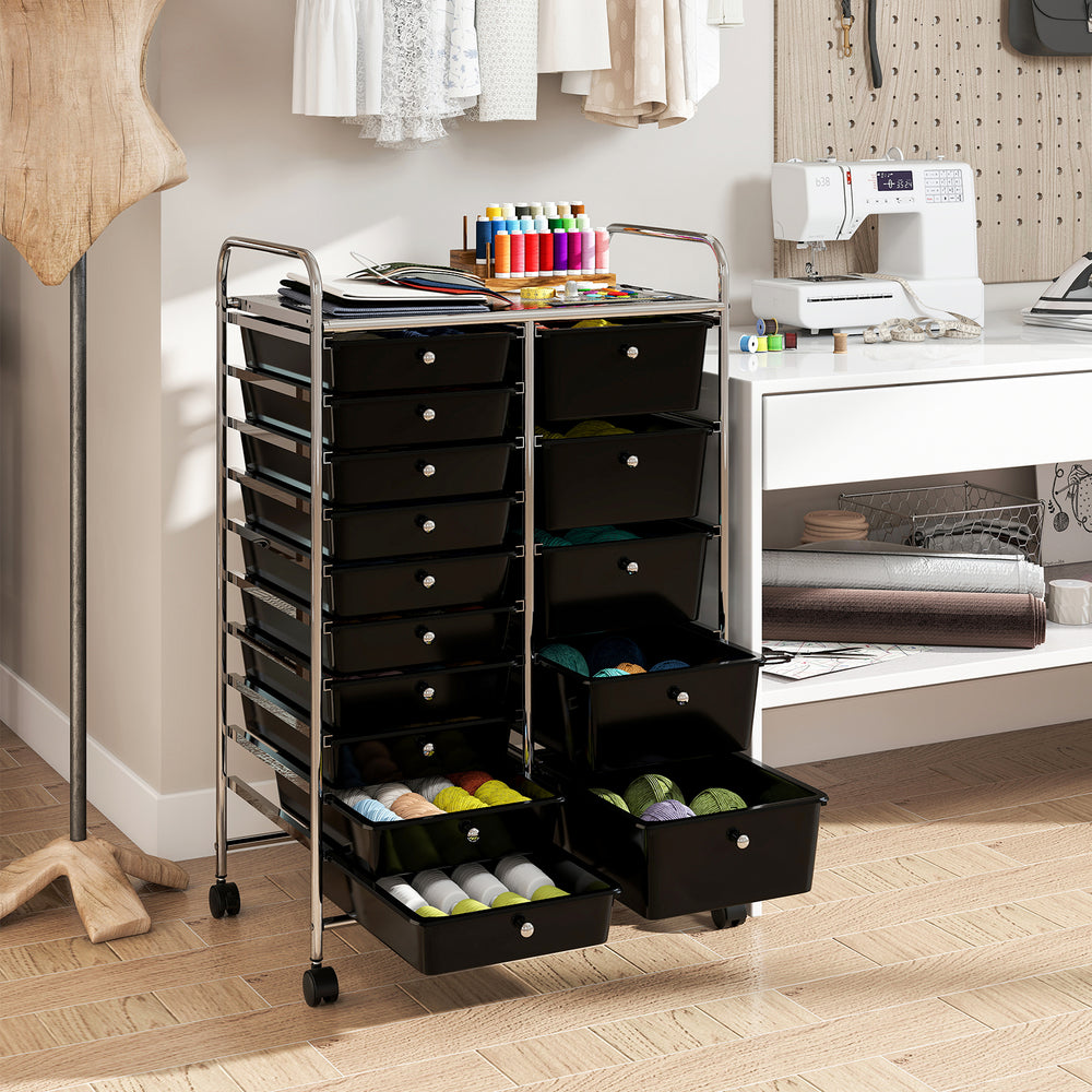 Rolling storage cart with 15 black drawers and chrome-plated metal frame, ideal for organizing various items.