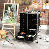 Rolling storage cart with 15 black drawers and chrome-plated metal frame, ideal for organizing art supplies in various.