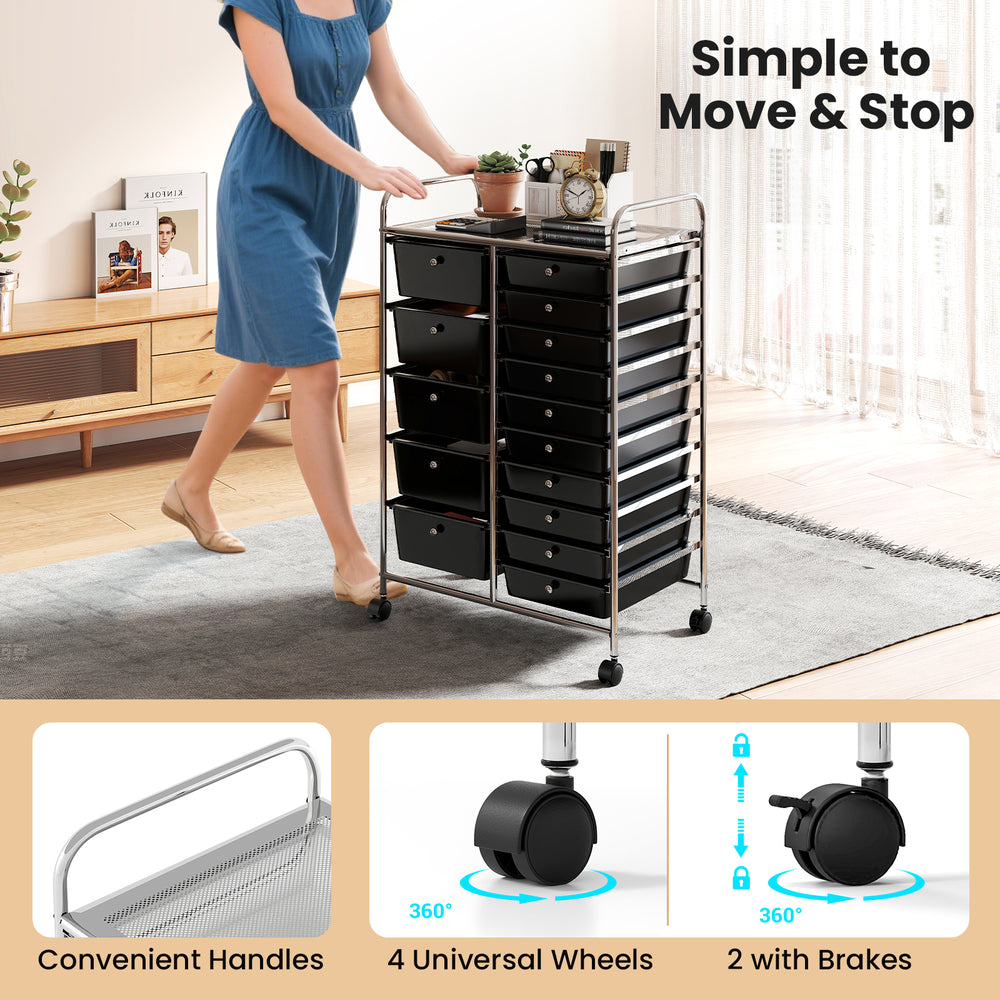 Rolling storage cart with chrome-plated metal frame and 15 black drawers, featuring convenient handles and wheels for.