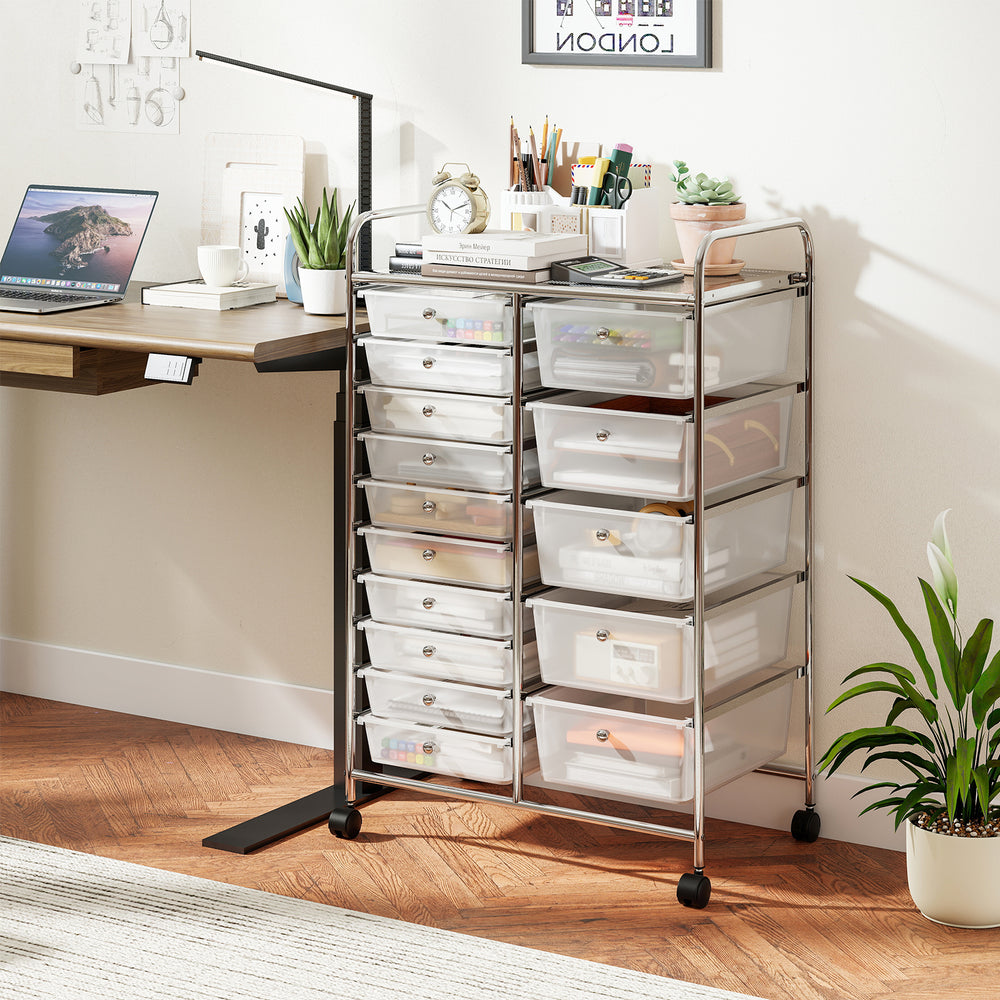 Rolling Storage Cart 15-Drawer Trolley with Chrome Plated Metal Frame-Transparent - Gallery View 1 of 10