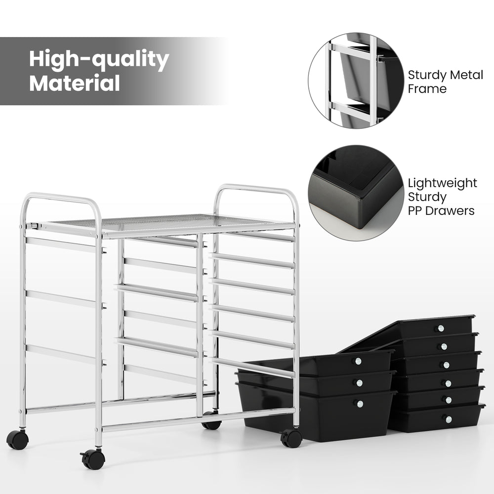 9-drawer rolling storage cart with a sturdy metal frame and colorful PP drawers, ideal for home or office organization.