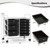 9-drawer rolling storage cart with black drawers and metal frame, featuring a wide top shelf and smooth rolling casters.