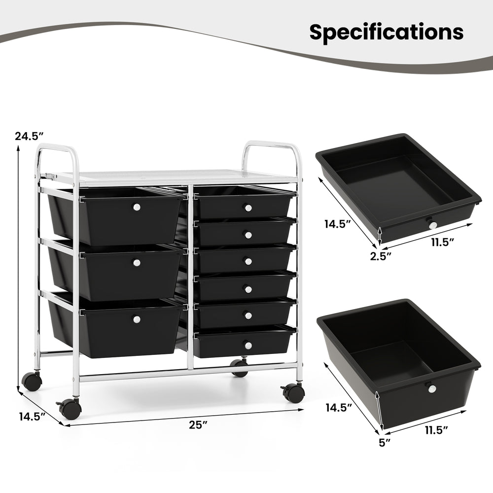 9-drawer rolling storage cart with black drawers and metal frame, featuring a wide top shelf and smooth rolling casters.