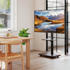 Rolling TV stand on wheels for 32-75 inch TVs, featuring adjustable height and two storage shelves for convenience.