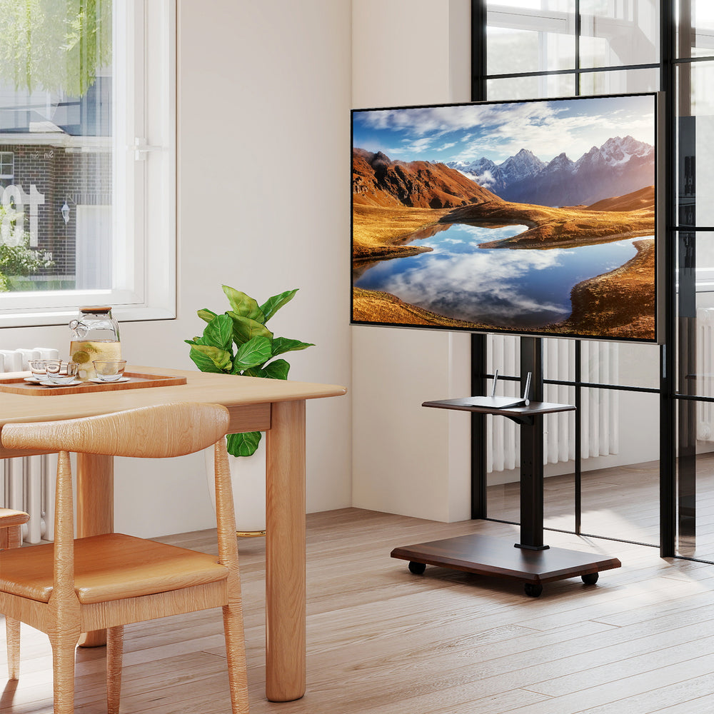 Rolling TV stand on wheels for 32-75 inch TVs, featuring adjustable height and two storage shelves for convenience.
