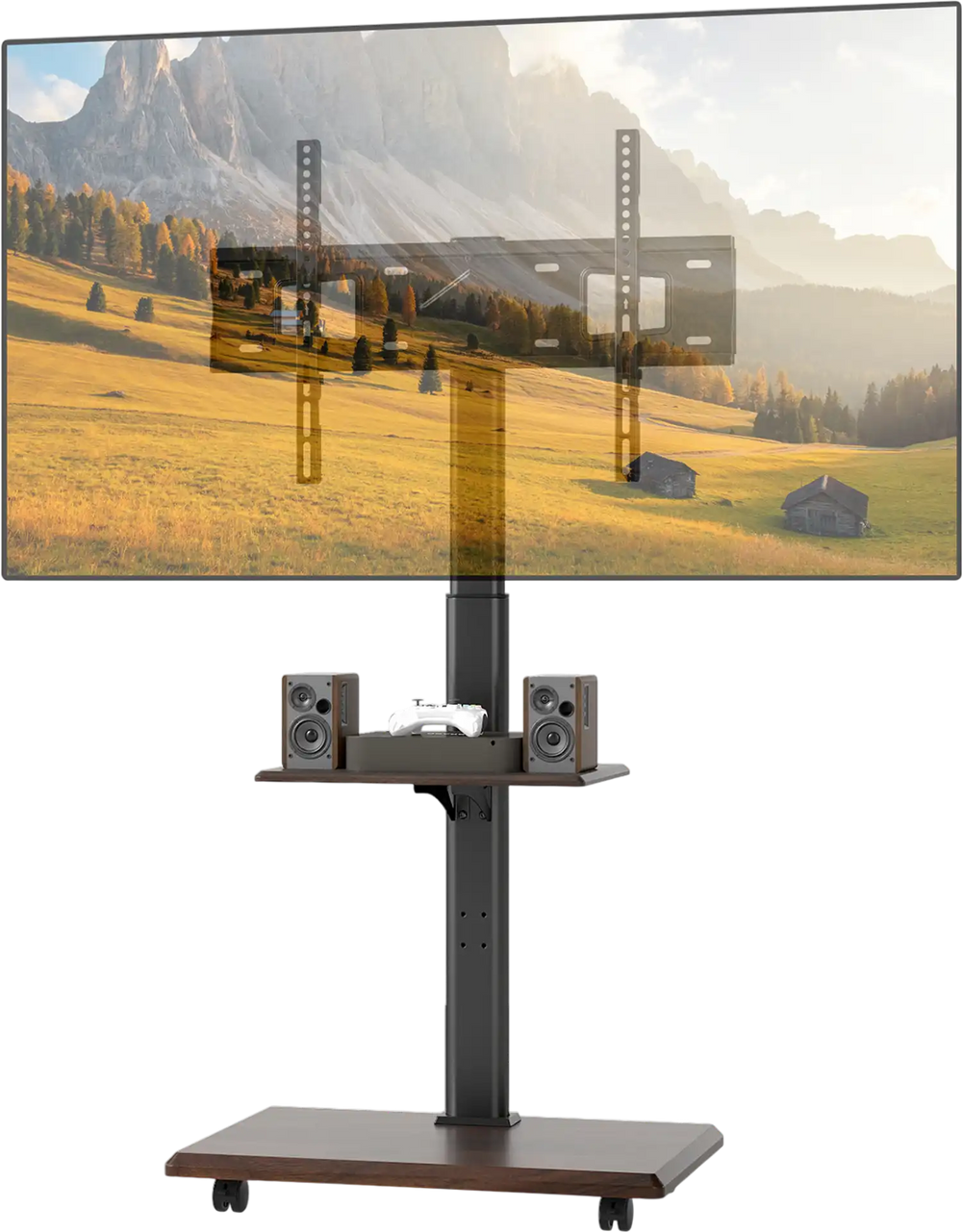 Mobile TV cart for 32-75 inch TVs with adjustable height, storage shelves, and rolling wheels for easy movement.