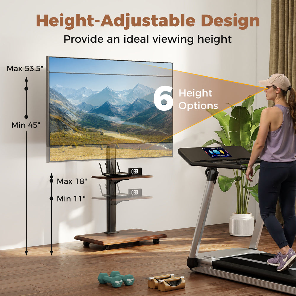 Height-adjustable mobile TV cart for 32-75 inch TVs, featuring lockable wheels and two storage shelves for convenience.