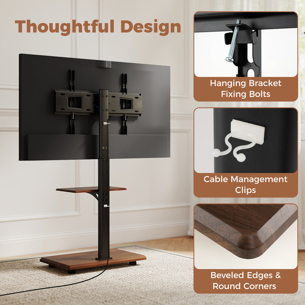 Rolling TV stand on wheels for 32-75 inch TVs, featuring adjustable height, storage shelves, and cable management clips.