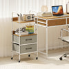 Rolling utility storage cart with 2 open shelves and 2 fabric drawers, featuring a rustic wood-like surface for.