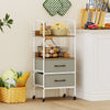Rolling utility storage cart featuring 2 open shelves and 2 fabric drawers, ideal for kitchen organization and mobility.