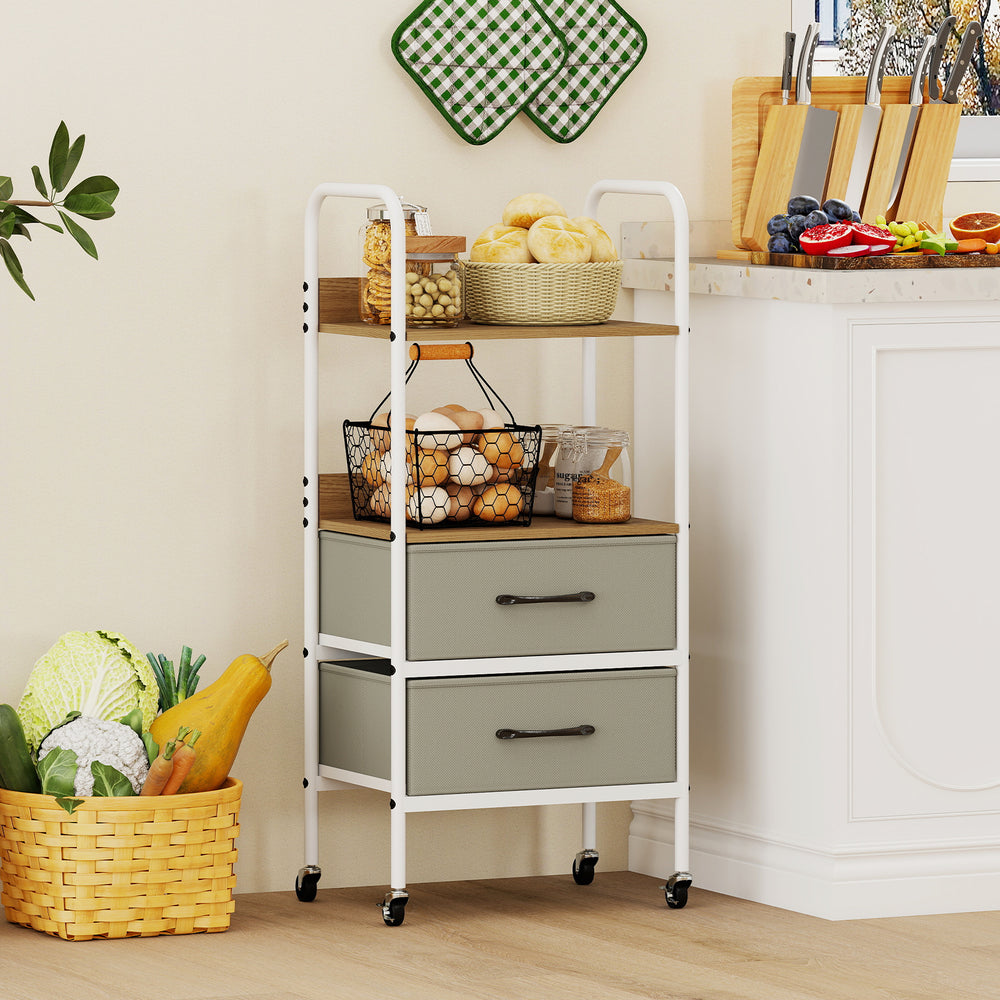 Rolling utility storage cart featuring 2 open shelves and 2 fabric drawers, ideal for kitchen organization and mobility.