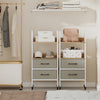 Rolling utility storage cart featuring 2 open shelves and 2 fabric drawers, perfect for home office or bedroom.