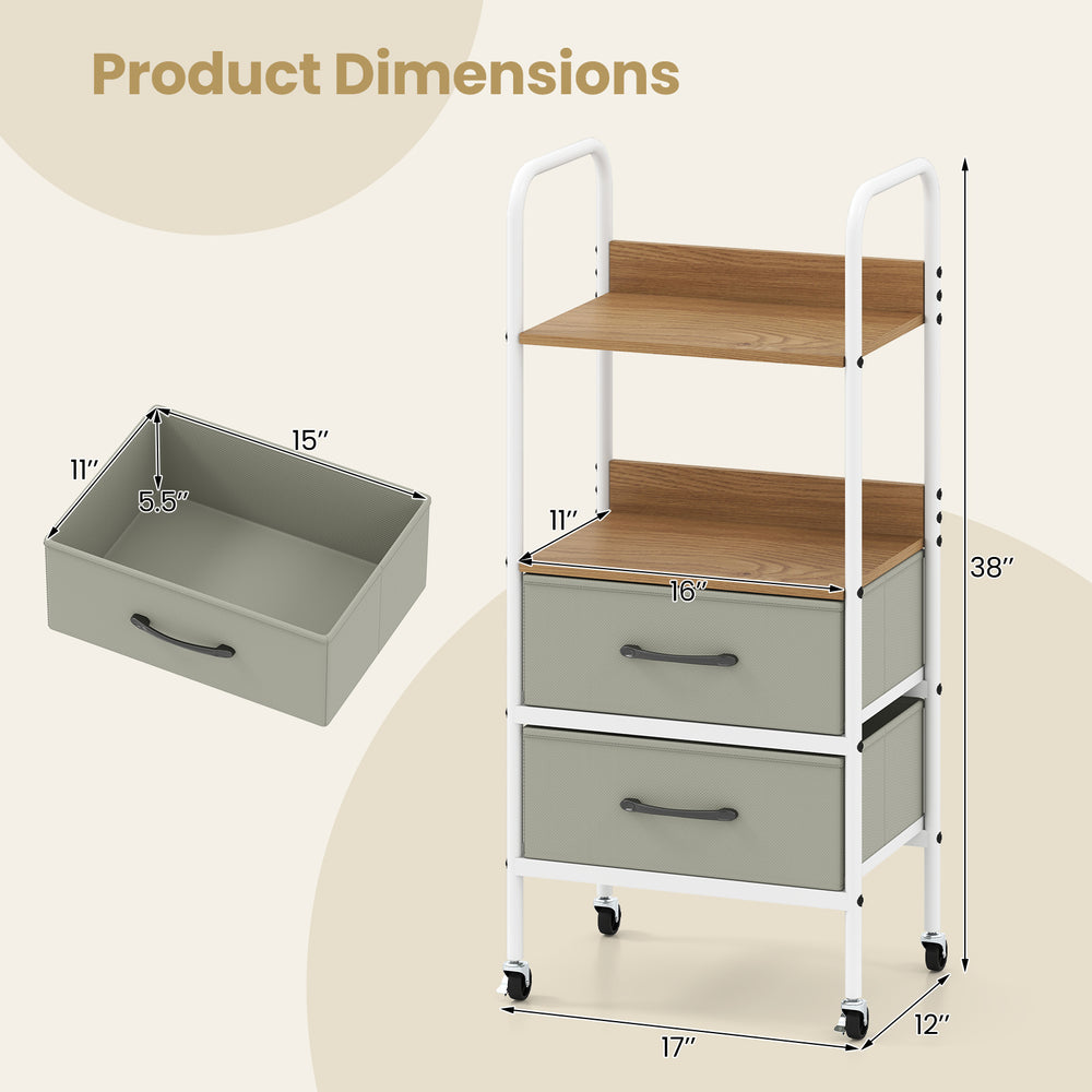 Rolling utility storage cart featuring 2 open shelves and 2 fabric drawers, ideal for home office or kitchen.