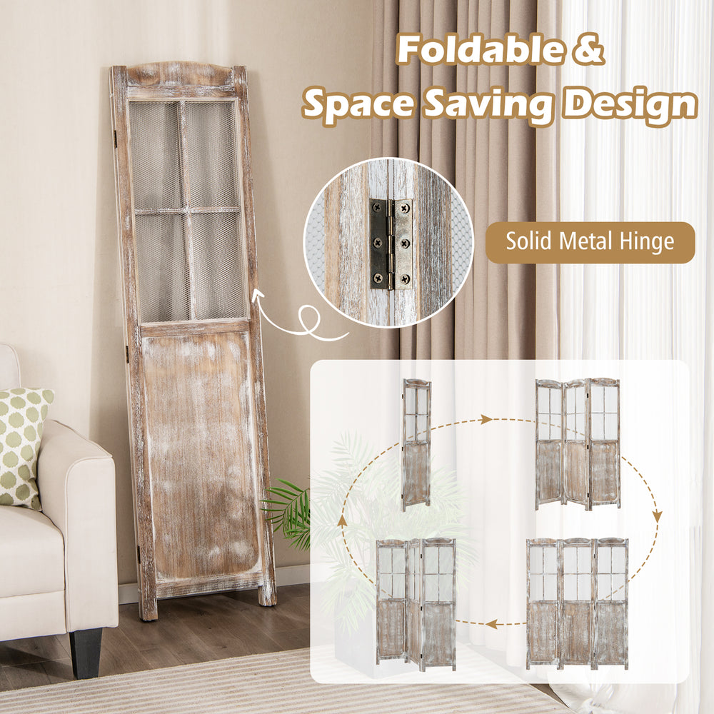 6 feet folding privacy screen in coffee color with mesh windows and solid metal hinges, perfect for room division and.