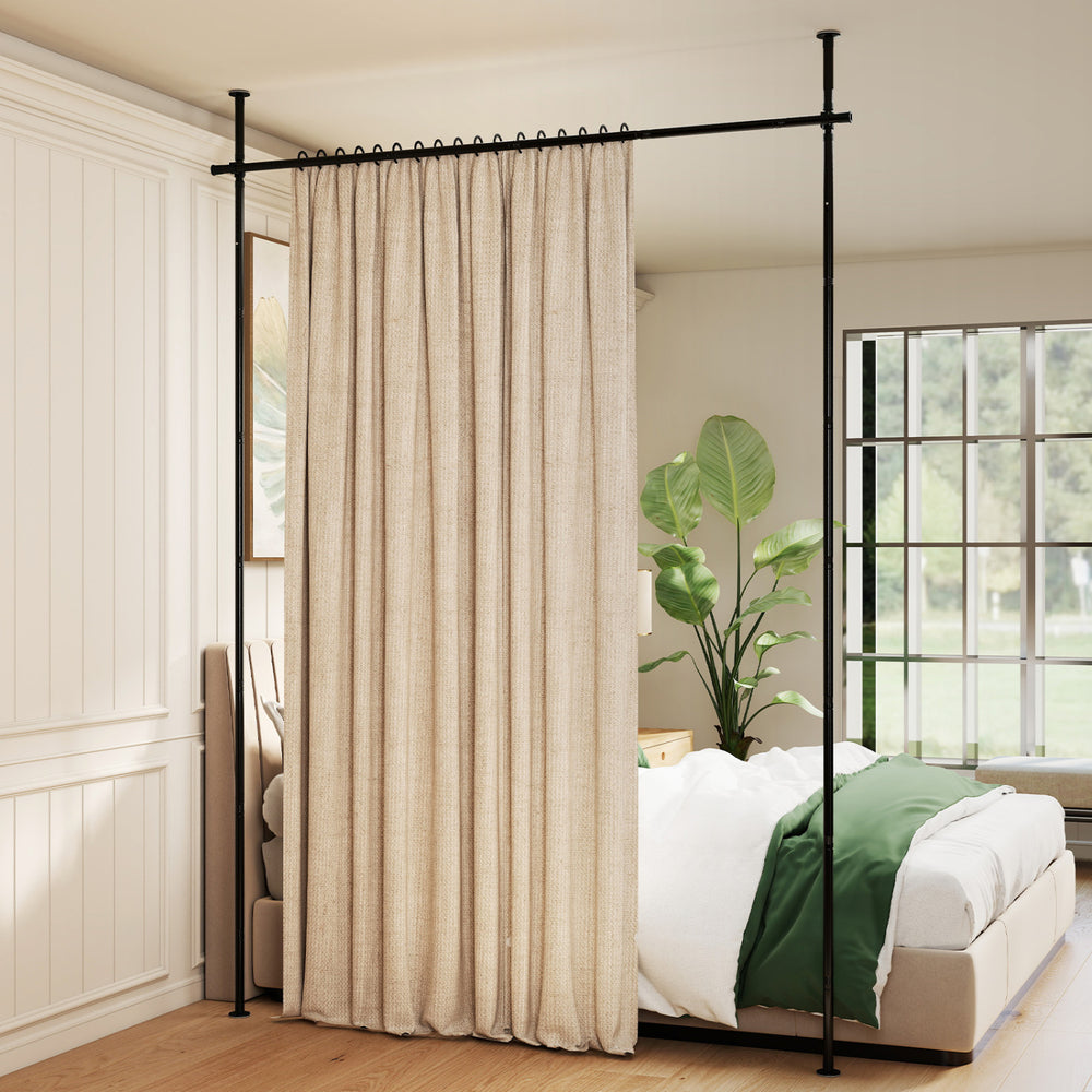 Adjustable black room divider curtain rod with no drilling, supporting various curtain styles for versatile space use.