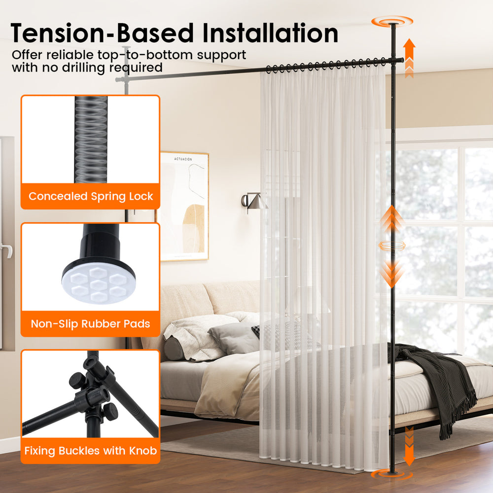 Adjustable black room divider curtain rod with concealed spring lock, no drilling, for versatile floor-to-ceiling use.