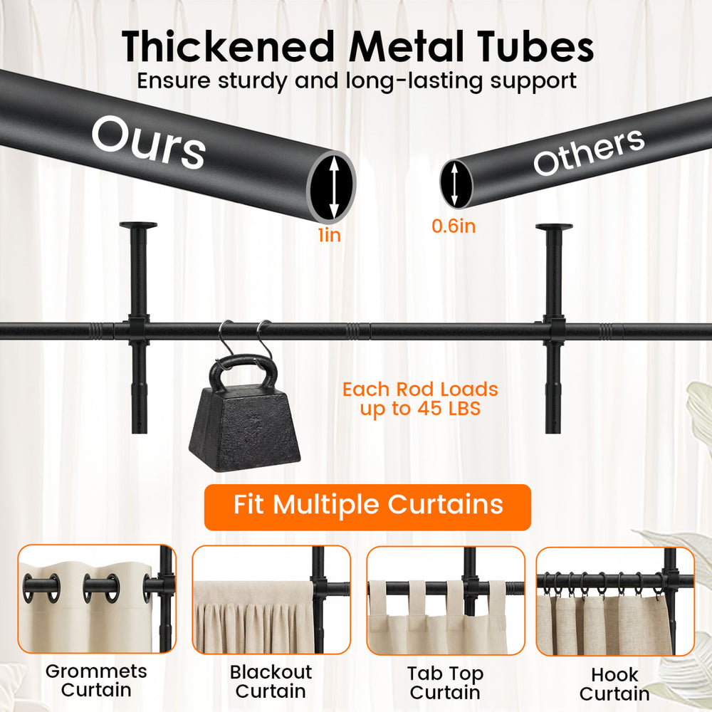 Thickened metal tubes of the black room divider curtain rod, supporting up to 45 lbs, adjustable for various spaces.