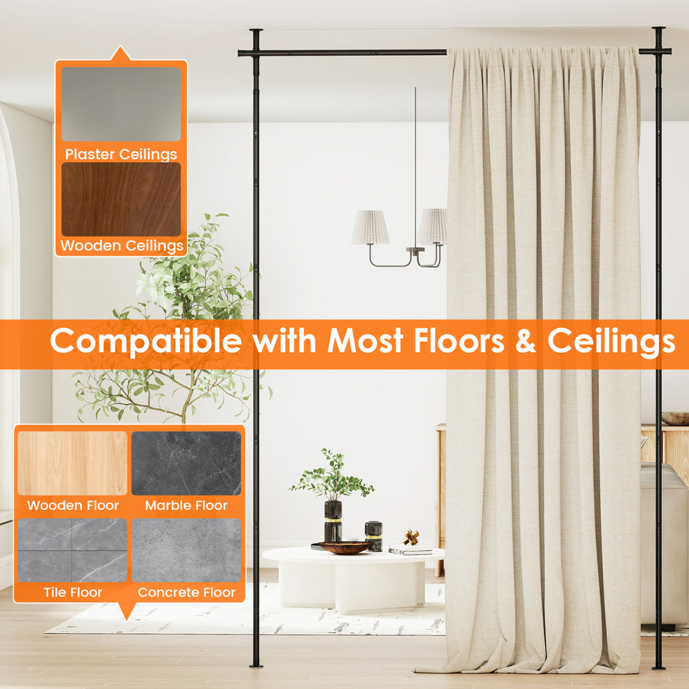 Adjustable black room divider curtain rod shown in a living space, compatible with various floor and ceiling types.