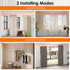 Adjustable white room divider curtain rod shown in L-shaped and horizontal mounting modes for versatile installation.