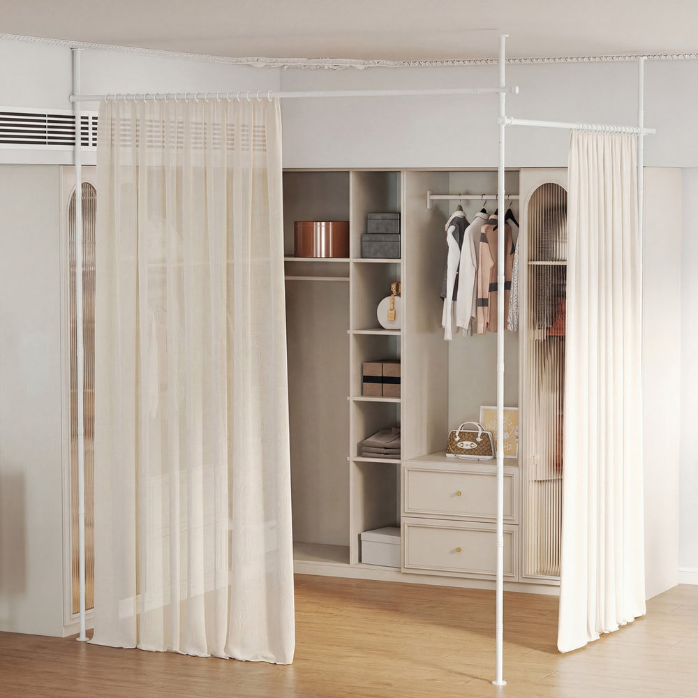 Adjustable floor-to-ceiling tension rod in white for room dividers, suitable for various ceiling and floor types.
