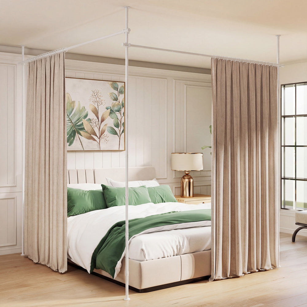 Adjustable white room divider curtain rod with floor-to-ceiling tension support, ideal for bedrooms and studios.