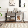 Rustic brown 360° rotating sofa side table with 2-tier storage shelves and lockable casters for versatile use.