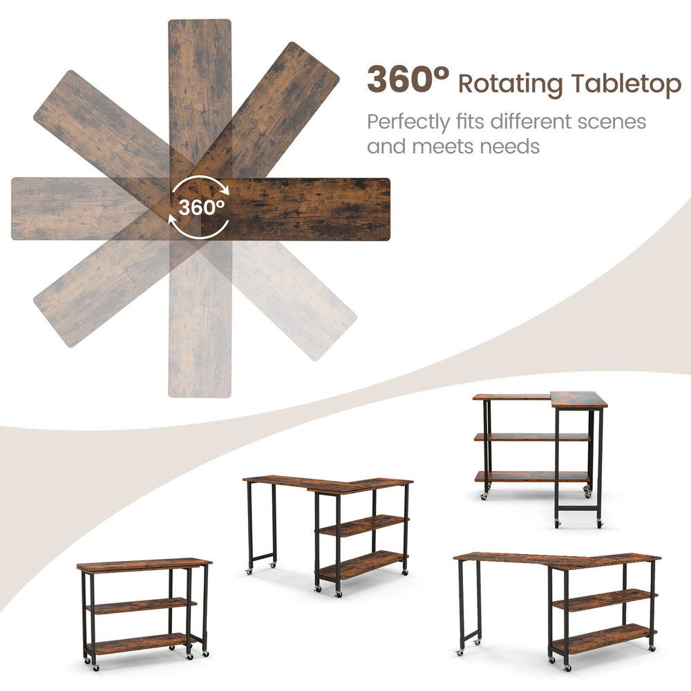 360° rotating sofa side table in rustic brown with 2-tier storage shelves, ideal for living room or office use.
