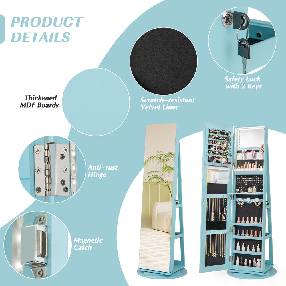360° rotating blue jewelry cabinet with lock, LED lighting, and spacious storage for organized accessories.