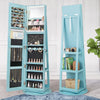 Blue 360° rotating mirrored jewelry cabinet armoire with LED lighting, lockable design, and ample storage space.