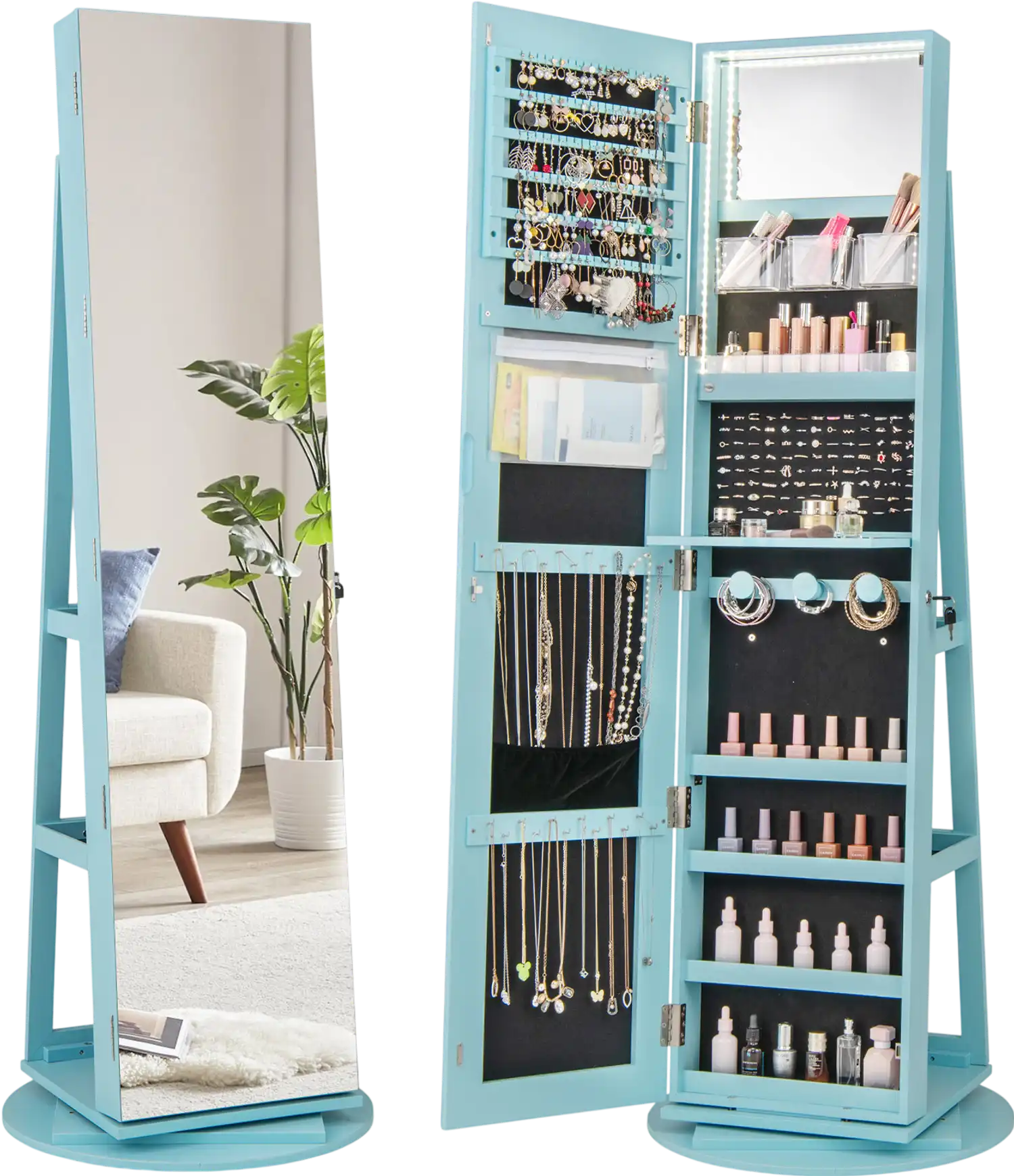 Costway 360° Rotating Mirrored Jewelry Armoire Cabinet Lockable 3-Color LED 43862715 New