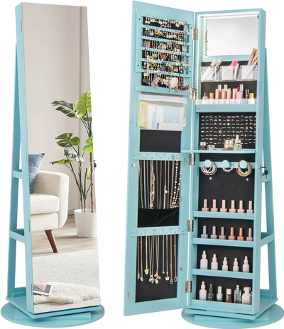 Costway 360° Rotating Mirrored Jewelry Armoire Cabinet LED Lockable 43862715 New