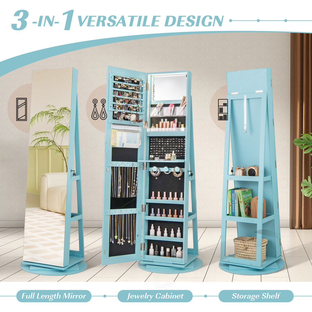 360° rotating mirrored jewelry cabinet armoire in blue with LED lighting, lockable storage, and versatile design for.