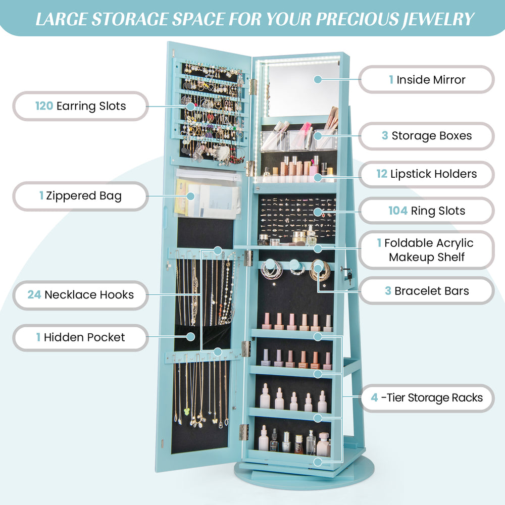 360° rotating blue jewelry cabinet with mirror, LED lighting, and ample storage for earrings, necklaces, and makeup.